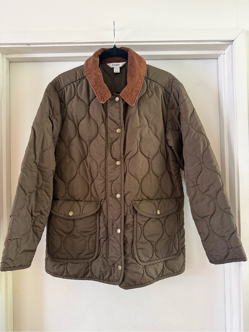 Old Navy Olive Quilted Jacket with Brown Corduroy Collar Sz M